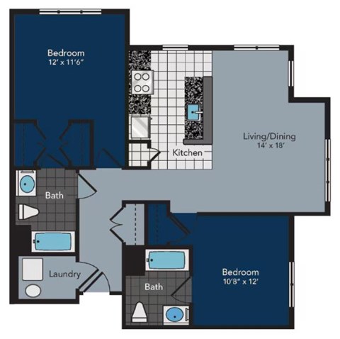 Floor plan for 2 beds, 2 baths, 1015 sqft
